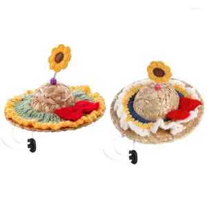 Hundkläder Pet Straw Hat kostymhattar med stickad blommor justerbar dragskonhaka strap party tillbehör för små hundar valpar 87ha