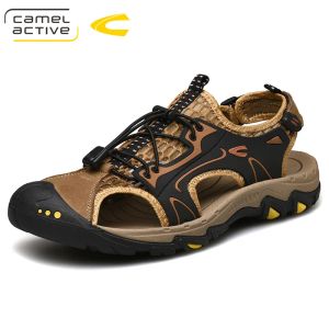 Botas camel ativo 2019 sandálias masculinas confortáveis e respiráveis sapatos de couro genuíno homens sandálias de praia ao ar livre sapatos de homem leve