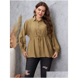 Womens Plus Size T-Shirt Causal Shirt For Women Turn Down Collar Lg Sleeve Butt Up High Elastic Waist Tops 2023 Office Lady Blouses O5 Dhmav