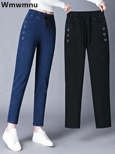 Haftowany dżinsowy talia Kostka Harem dżinsowe spodnie Vintage Blueblack Spring Fall Vaqueros Lace Up Stretch dżinsy 240403