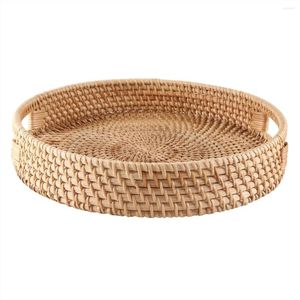 Kitchen Storage Round Rattan Serving Tray Decorative Woven Ottoman Trays With Handles For Coffee Table Natural(Small)