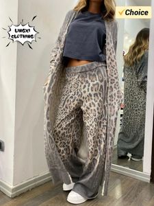 2024 Spring Leopard Print Långärmad Cardigan Coat Pants Set Two Piece Womens Casual Robe Loose 240326