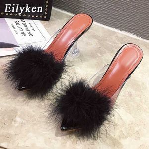 Dress Shoes Design White Fluffy Pointed Toe Womens Slippers PVC Transparent Jelly Sandals Perspex Glass Spike Heels Pumps H2404034G44