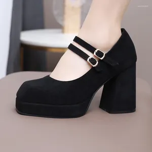 Dress Shoes Plus Size Frosted Flock Material Double Breasted Buckle Super High Heel Mary Jane Hollow Out Breathable Women's Pumps