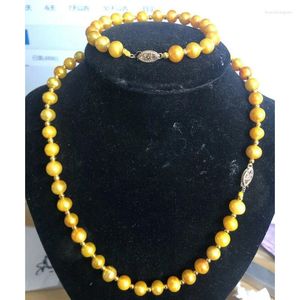 Necklace Earrings Set 8-9mm NATURAL GOLDEN SOUTH SEA PEARL BRACELET 7.5-8''-necklace 18''14K