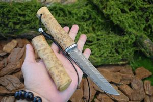M7734 Wysokiej jakości prosty nóż Damascus Stal prosta Blade Cień drewniany drewniany rączka na zewnątrz noża do przetrwania kempingu z drewnianą osłoną