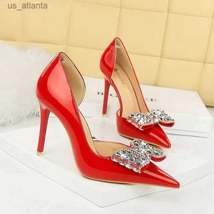 Отсуть обувь Bigtree High Heels Women Pump Spring New Fashion Wrinestone Заостренная пальца с патентной кожей на 10 см зрелой шпильки H240403