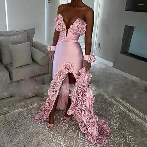 Vestidos de festa Baby Pink sereia baile com flores artesanais Vestido de noite alta recepção de casamento sexy sem luvas