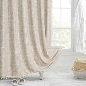 Shower Curtains Modern Farmhouse Coffee Gray Anti-wrinkle Cotton Linen Fringe Bathroom Curtain
