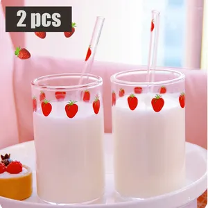 Wine Glasses High Borosilicate Nana Glass Water Cup Simple Fresh And Lovely Girl Strawberry Heat-resistant With Straw Cover 300 ML