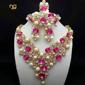 LQ Apuração nigeriana Casamento rosa Crystal Stones Africano Minchas Conjunto de jóias para mulheres Brincho de colar de dubai elegante 240320