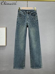 Jeans femininos requintados strass para mulheres Autumn moda High Caist Loose Slim European Mody Map Troushers Elegante elegante