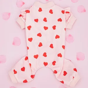 Dog Apparel Pink Hearts Small Pajamas Flutter Sleeve Valentine's Day Stretchy Puppy Pjs Soft Onesie Cat Clothes Jumpsuit For Daily Wear