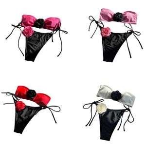 Kadın Mayo Kadınları 3D Floral Bandeau Mayo Seksi Straplez Bikini Set İki Parçalı Stil Mayo Kadınlar Yaz Dantel Yukarı Banatalı Beach Ceket J240403