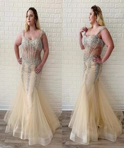 Popular Champagne Mermaid Evening Prom Dresses Plus size Cap Short Sleeves Crystal Bodice See Through Formal Party Dress Custom Ma1188512