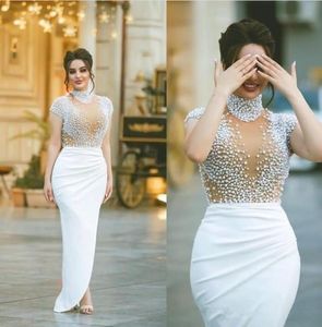 Dubai pärlstav prom klänning vit hög hals illusion se genom mössa ärmar formella aftonklänningar gala plus size party gown7873659