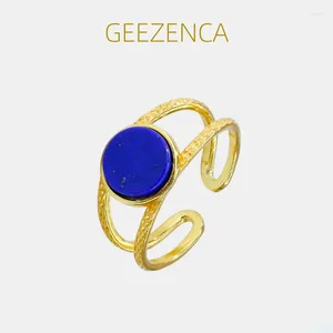 Clusterringe Geezenca S925 Silver Hollow Round natürliche Lapis Lazuli Offener Ring für Frauen 18K Golden Blue Stone Einfacher Chic 2024 Geschenk
