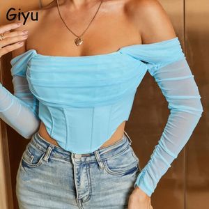 Giyu Sexy Club Party Bloups Women Women Summer Autumn Mesh Camisetas fora do ombro sem costas do zíper do espartilho Tops BLUSAS FEMME 240327