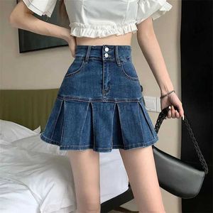 Urban Sexy Dresses Vintage Blue Denim Pleated kjol Kvinnor Y2K Hög midja Ruffle All Match Mini Kjol Ladies Korean Streetwear A Line Jean kjolar 240405