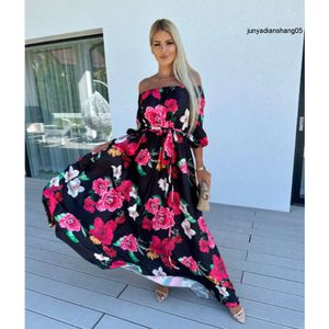 Long Skirt New Summer Seaside Vacation Style One Line Collar Printed Dress