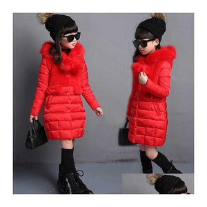 Down Coat Winter Girls Jackets Warm Long Fur Parka Childrens Windproof Thick Coats Teenage Solid Collar Outerwear Snowsuit Drop Delive Otdki