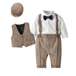 Tees nya vårbarnskläder spädbarn brittisk väst bodysuit klättring gentleman hatt pojke 1 årligen kläder nyfödda gentleman kostym