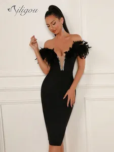 Casual Dresses Ailigou 2024 Summer Women's Black Sexy Shoulderless Backless Feather Bandage Tight Midi Elegant Celebrity Party Dress