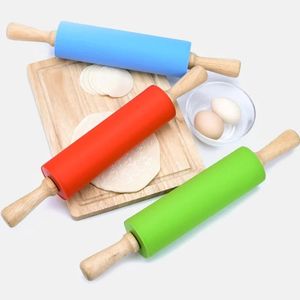 S M Silikon Rolling Pin Non-Stick PASIRY DEIGG Mjöl Roller Trähandtag Pizza Pasta Roller Kök bakverk Bakningsverktyg