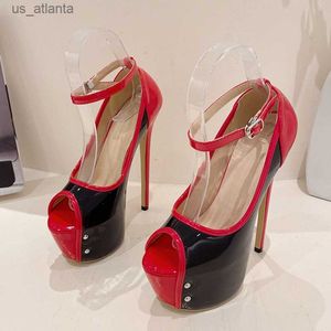 Kleiderschuhe Liyke 2024 Neue schwarze rote High Heels Frauen Sandal Mode Schnalle Gurt Plattform Pumps Sexy Peep Zehen Hochzeit Stripper Schuh Größe 42 H240403D1ZN