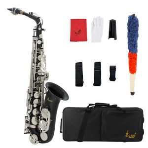 Lade Alto Sax Flat E Silver Key mässing Tube Black Body Carved Flower White Shell -knapp Början Lärande EB Saxe Saxofon Musikinstrument med fall Munnstycke