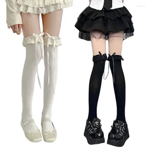 Women Socks JK Girl Thigh High Stockings Sweet Bowknot Lace Frilly Trim Over Knee Long