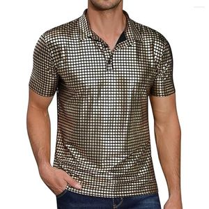 メンズTシャツファッション70年代ディスココスチュームブロンズラペルTシャツ半袖ボタンサマーパーティークラブティートップスシャツ男服