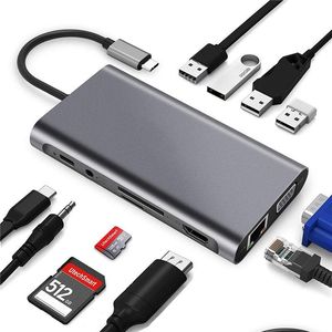 Hubs USB 11 em 1 3.0 Adaptador MtiPort Tipo C Tipo C 4K a VGA 4 Portas 100m LAN Card SD/TF Reader O Drop Delivery Computers Computers Comp Otyiu