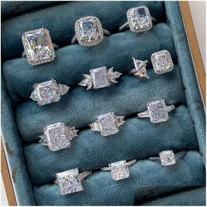 Pierścienie zespołowe luksusowy projektant Diamond Ring for Woman Wed 925 Sterling Sier 8a Cubic Zirconia loded Out Round Sqaure zaręczyny ślub E Dhtym