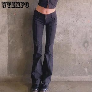 Женские джинсы Wtempo Black Women Spring Fall American Spicy Girl Double Button Split Design Micro Boot Cut Slim Casual Long Pants