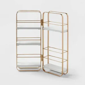 Storage Boxes Metal Frame Foldable Tabletop Organizer With Multiple Open Shelves White And Gold Bathroom Makeup Vanity Cart Compact