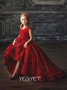 Glitter Red Princess Dess Long Flower Girl Dresses Sequin Party Dress Cute Baby Birthday Christmas Gift 240321