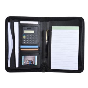 Padfolio Portable Professional Business Portfolio Padfolio Folder Document Case Organizer A5 PU Leather Zippered Closure with Calculator
