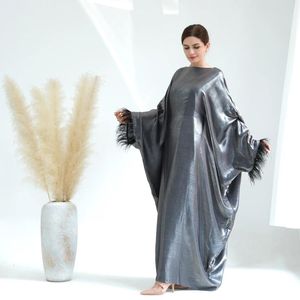 Ethnic Clothing Fashion Shiny Oversized Abaya Djellaba Muslim Dress Dubai Full Length Feather Tassels Islam Kaftan Robes