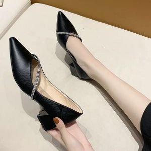 Pumps With Medium Heels Square Women's Summer Footwear Pointed Toe Shoes for Woman 2023 Black Stylish Popular Wholesale Slip on Y2k