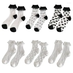 Women Socks Japanese Lolitas Lace Ruffle Frilly Princess Ankle Dress Crystal Glass Silk Sheer Dropship