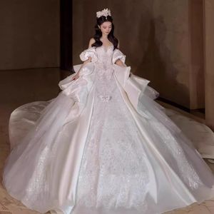 2024 Luxury Ball Gowns Wedding Dresses Princess Gown Corset Sweetheart Organza Ruffles Cathedral Train Satin Beaded Brodery Plus Size skräddarsydd brudklänning