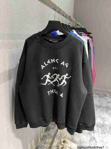 Designer High Version B Family Running Men's Printed Terry Round Neck tröja Paris Vintage Ins Loose Men's and Women's Style FVOF