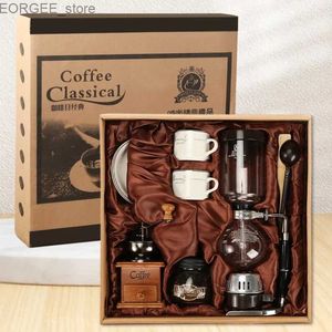 Coffee Makers DIY 3 person service coffee set coffee bean grinder siphon pot coffee machine gift packaging 2 sets of cups and plates Y240403