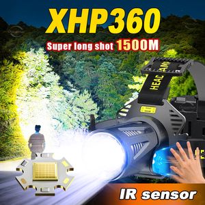 Nyaste superhög kraftfulla XHP360 Fiske strålkastare USB -laddningsbara lampor Huvud Lykta 18650 Sensorhuvudlampor