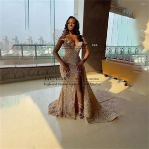 Party Dresses Stunning Beads Mermaid Prom Sleeveles Off Shoulde Evening Gown Sexy Side Slit Vestidos De Gala Court Train Dress