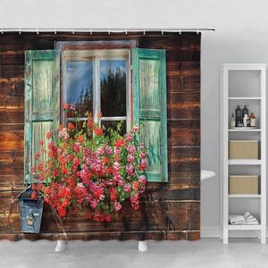 Shower Curtains Vintage Wooden Window Flowers Retro Wood Grain Old Wall Pastoral Landscape Bathroom Bath Curtain Sets With Hooks