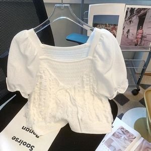 女性のブラウスBlusas Mujer de Moda 2024 Verano Elegantes French Square Neck Bubble短袖白いシャツプリーツブラウス女性クロップトップ