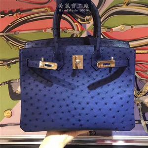 Ostrich Handbags Leather Handmade Original True Bag 30cm Womens Handheld Treasure Blue