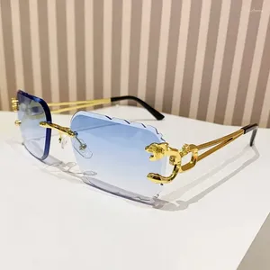 Solglasögon Y2K Designer Rimless Square Women For Men Female 2024 Vintage Punk Sun Glasses Gold Leopard glasögon